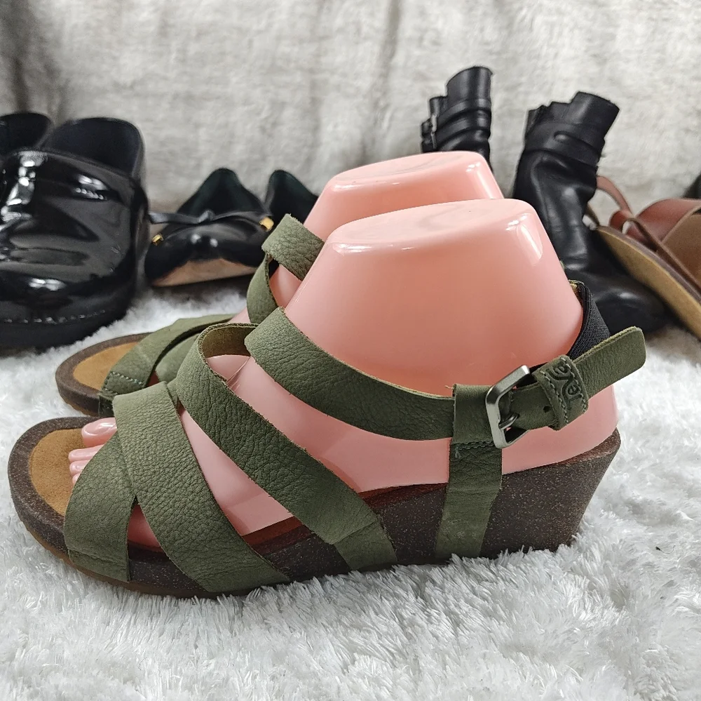 Teva Mahonia Wedge Sandals Bundles  Cross Strap Black/Green Leather Women Sz 8.5 - Picture 10 of 12
